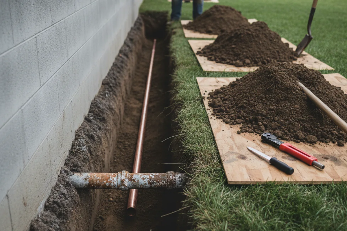 Excavated water line trench during Water Heater Repair in De Leon Springs